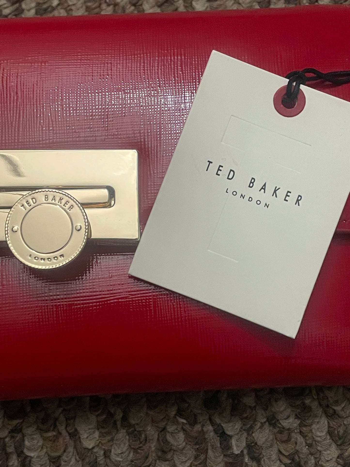 Ted Baker Scarlet Patent Leather Gold Chain Clutch