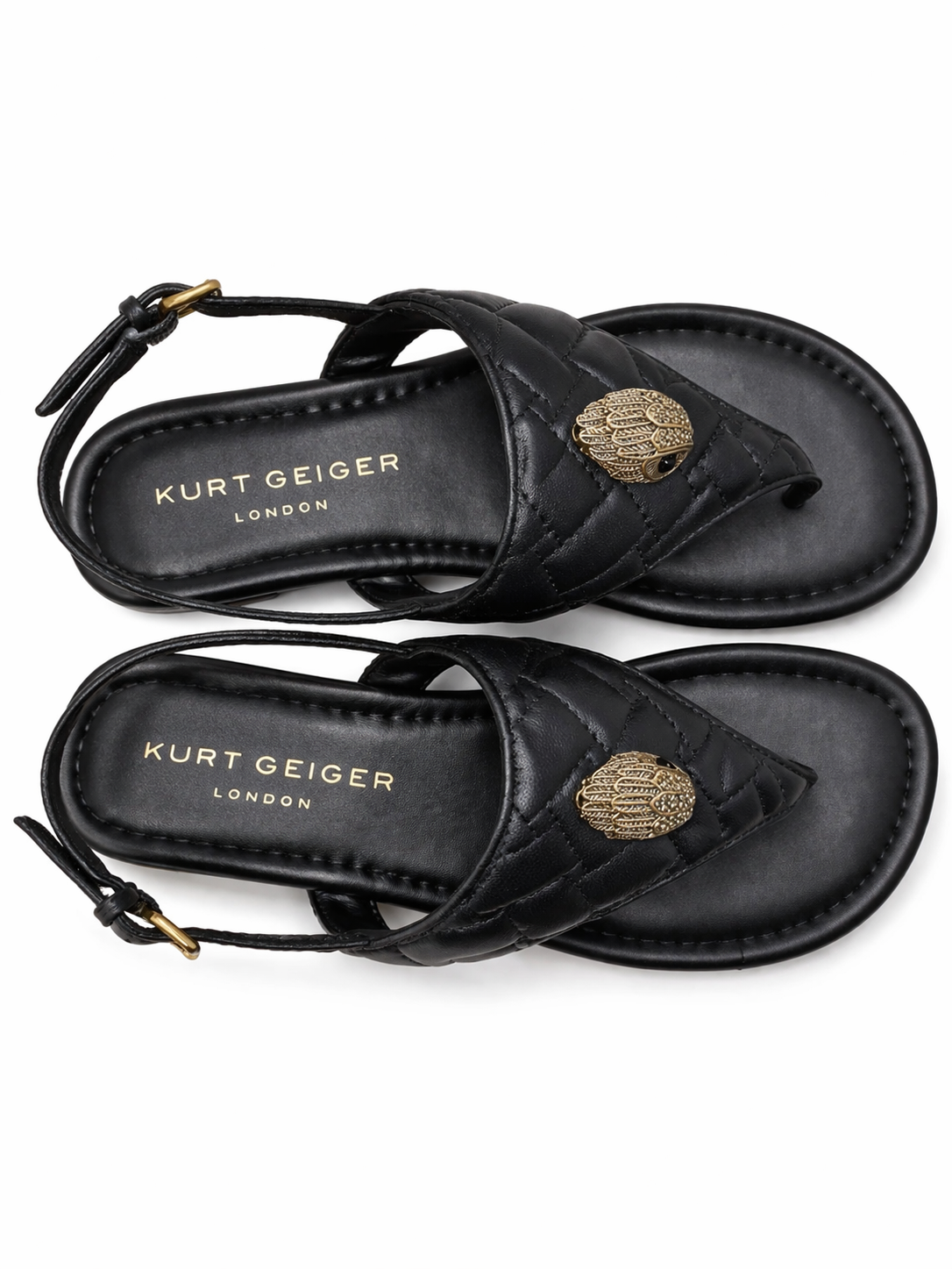 Kurt Geiger London Black Quilted Leather Thong Sandals Gold Eagle Slingback Designer Flats