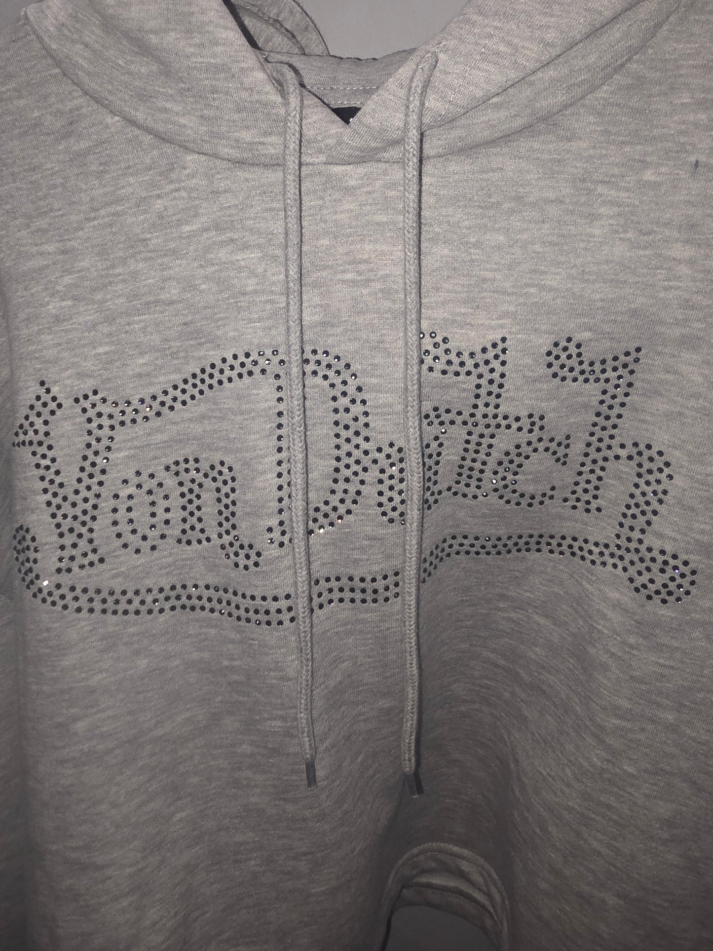 Von Dutch Women’s Cropped Rhinestone Hoodie – Gray Medium