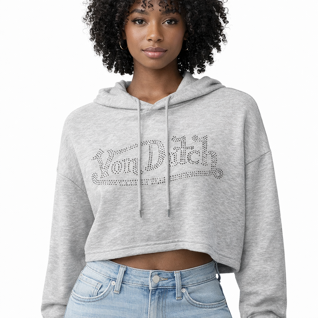 Von Dutch Women’s Cropped Rhinestone Hoodie – Gray Medium