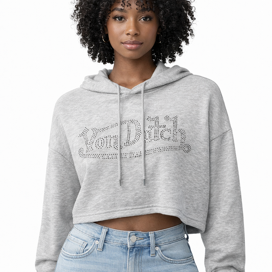 Von Dutch Women’s Cropped Rhinestone Hoodie – Gray Medium