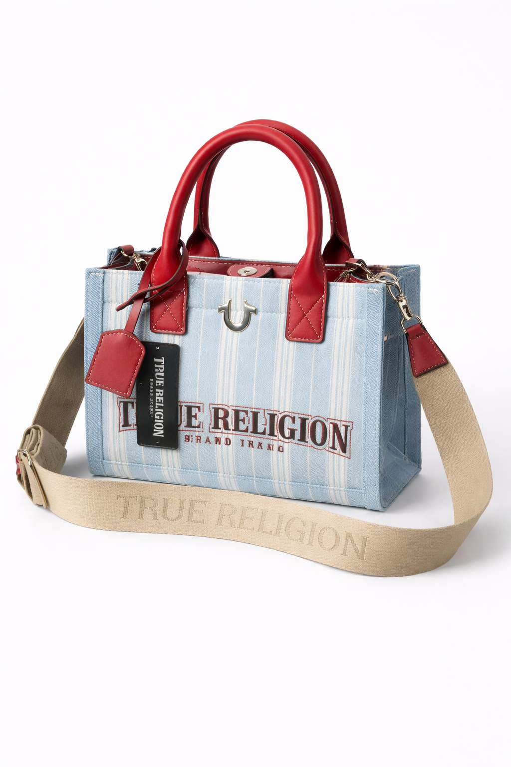 True Religion Denim Mini Tote Bag NWT 🔥 Red Leather Trim Crossbody Designer Purse Y2K