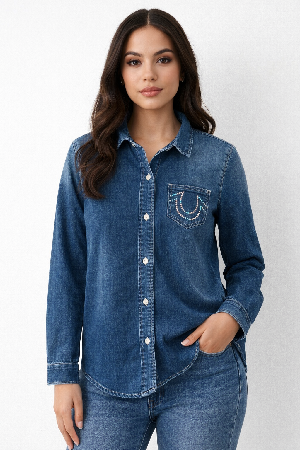 True Religion Women’s Rhinestone Logo Denim Shirt – Designer Button Down Jean Top – Premium Western Style