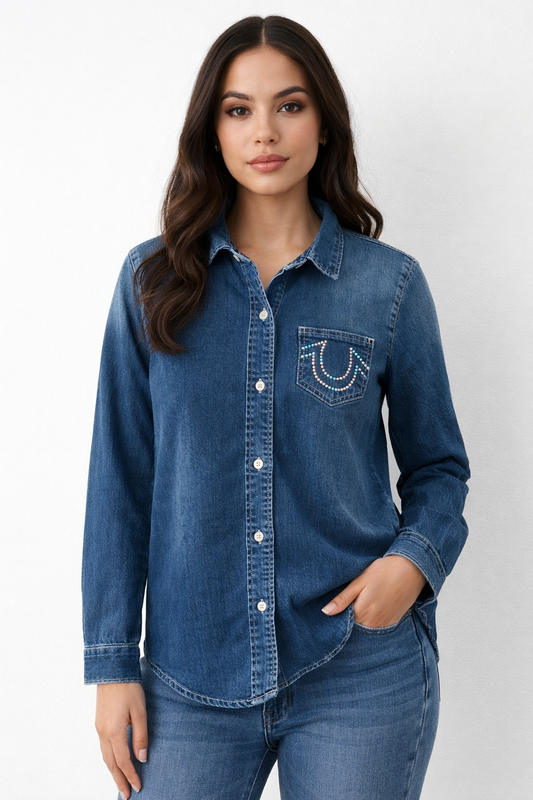True Religion Women’s Rhinestone Logo Denim Shirt – Designer Button Down Jean Top – Premium Western Style