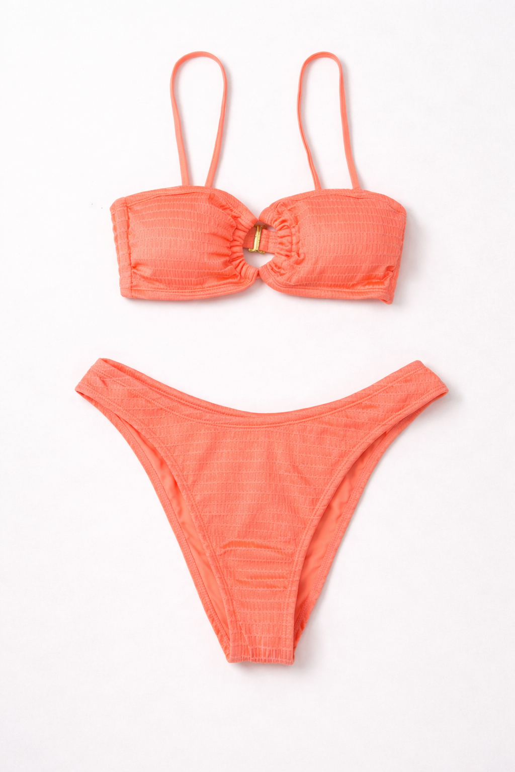 Isabella Rose Neon Coral Bikini Set – Textured Bandeau Top & High Cut Bottoms (Medium)