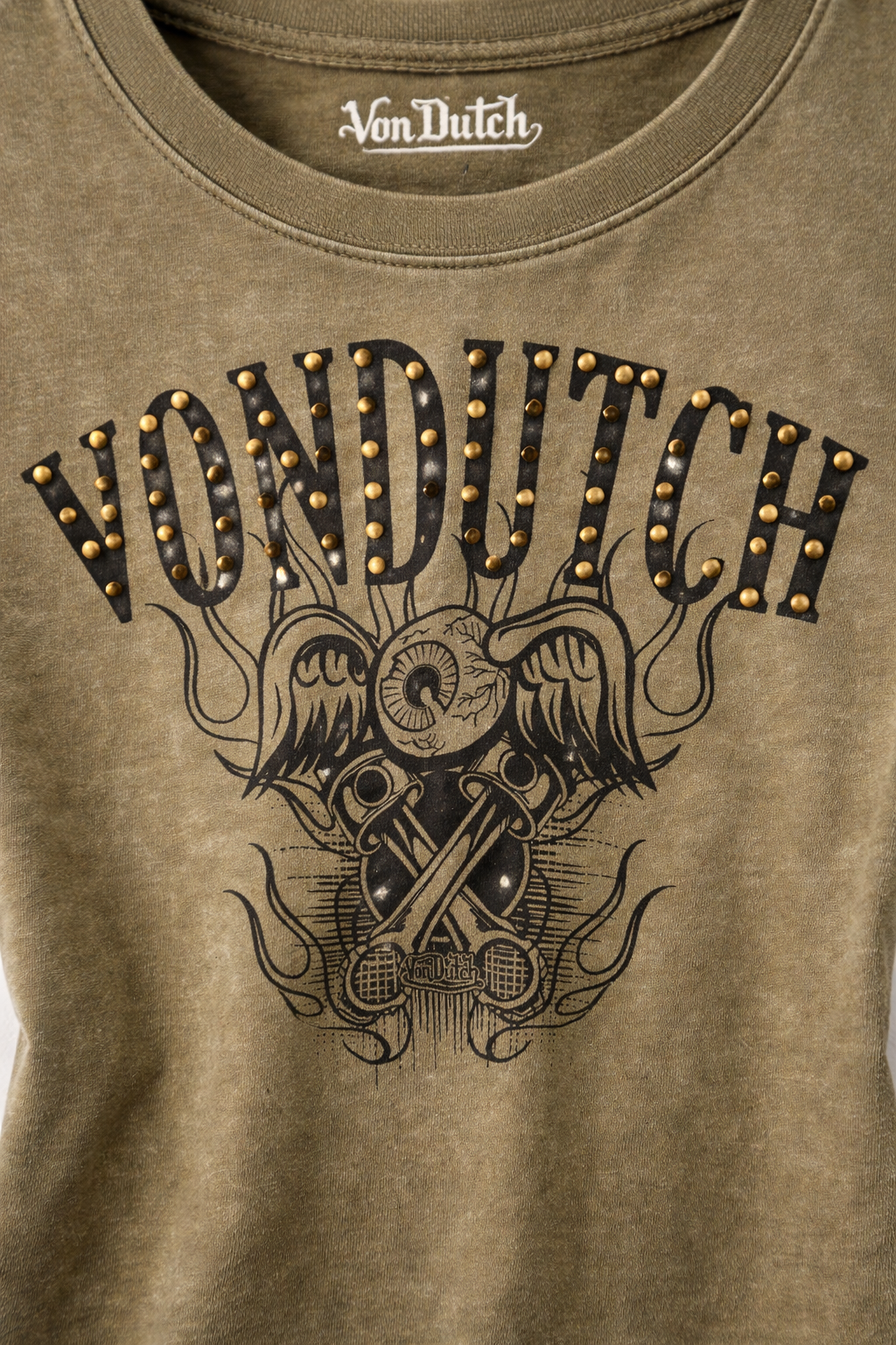 Von Dutch Studded Graphic Baby Tee Women’s Olive Green Y2K Vintage Style Fitted T-Shirt NWT
