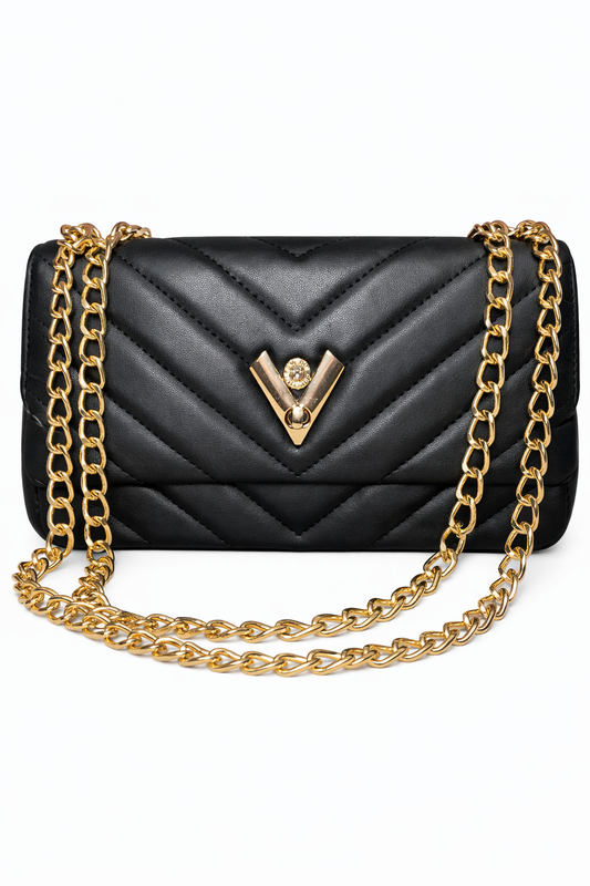 Valentino by Mario Valentino Black Quilted Vegan Leather Chain Crossbody Bag – Authentic Designer Shoulder Purse
