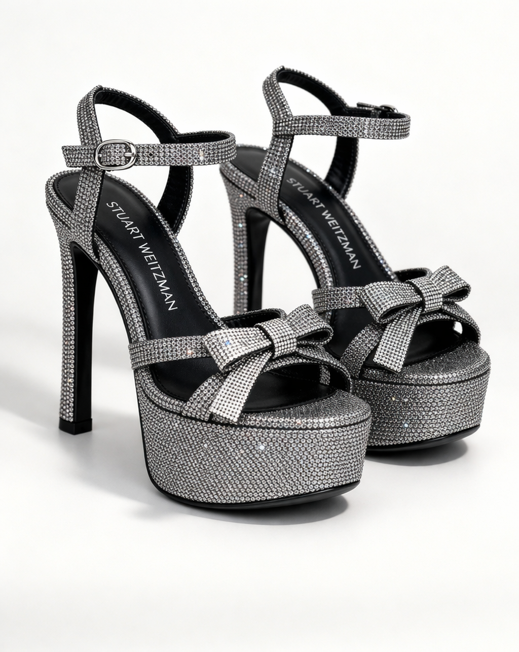 Stuart Weitzman Bow Platform Sandals Gunmetal Crystal Heels – Rhinestone Ankle Strap Heels Size 8 (EU 38.5)