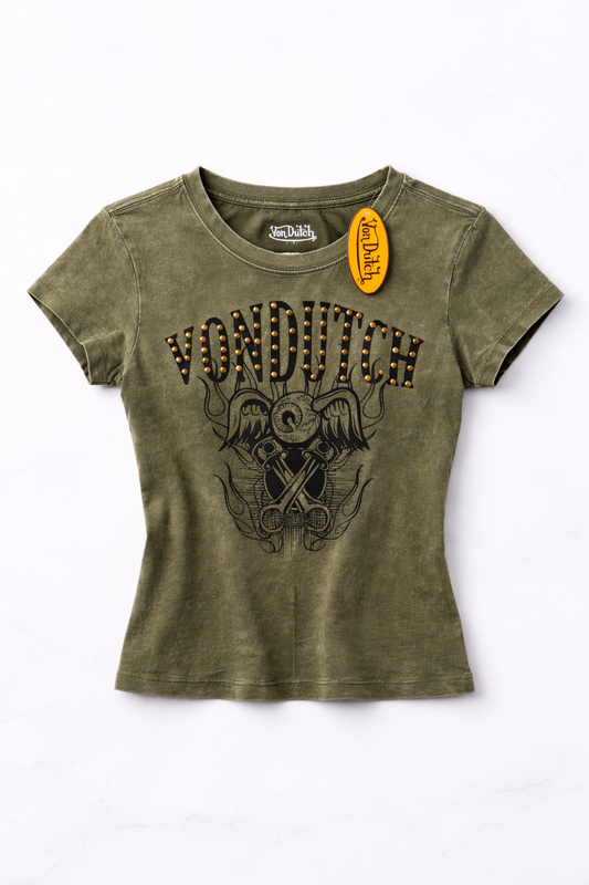 Von Dutch Studded Graphic Baby Tee Women’s Olive Green Y2K Vintage Style Fitted T-Shirt NWT
