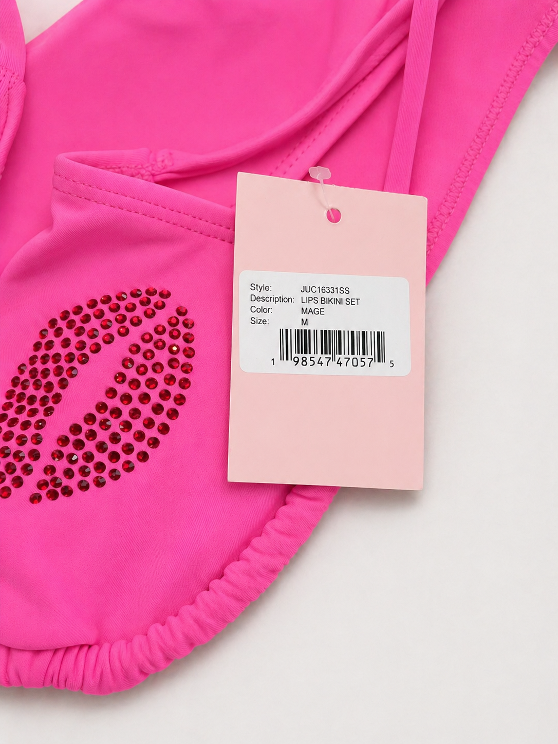 Juicy Couture Pink Rhinestone Lips Bikini Set M Y2K Halter String Swimsuit Hot Pink Crystal Tie Side Bathing Suit