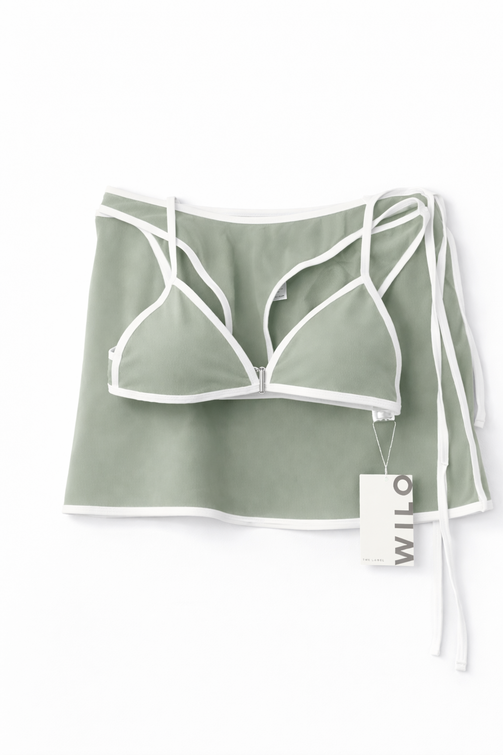 Wilo Ribbed Sage Green Bikini Set M White Trim 3PC Beach Swim