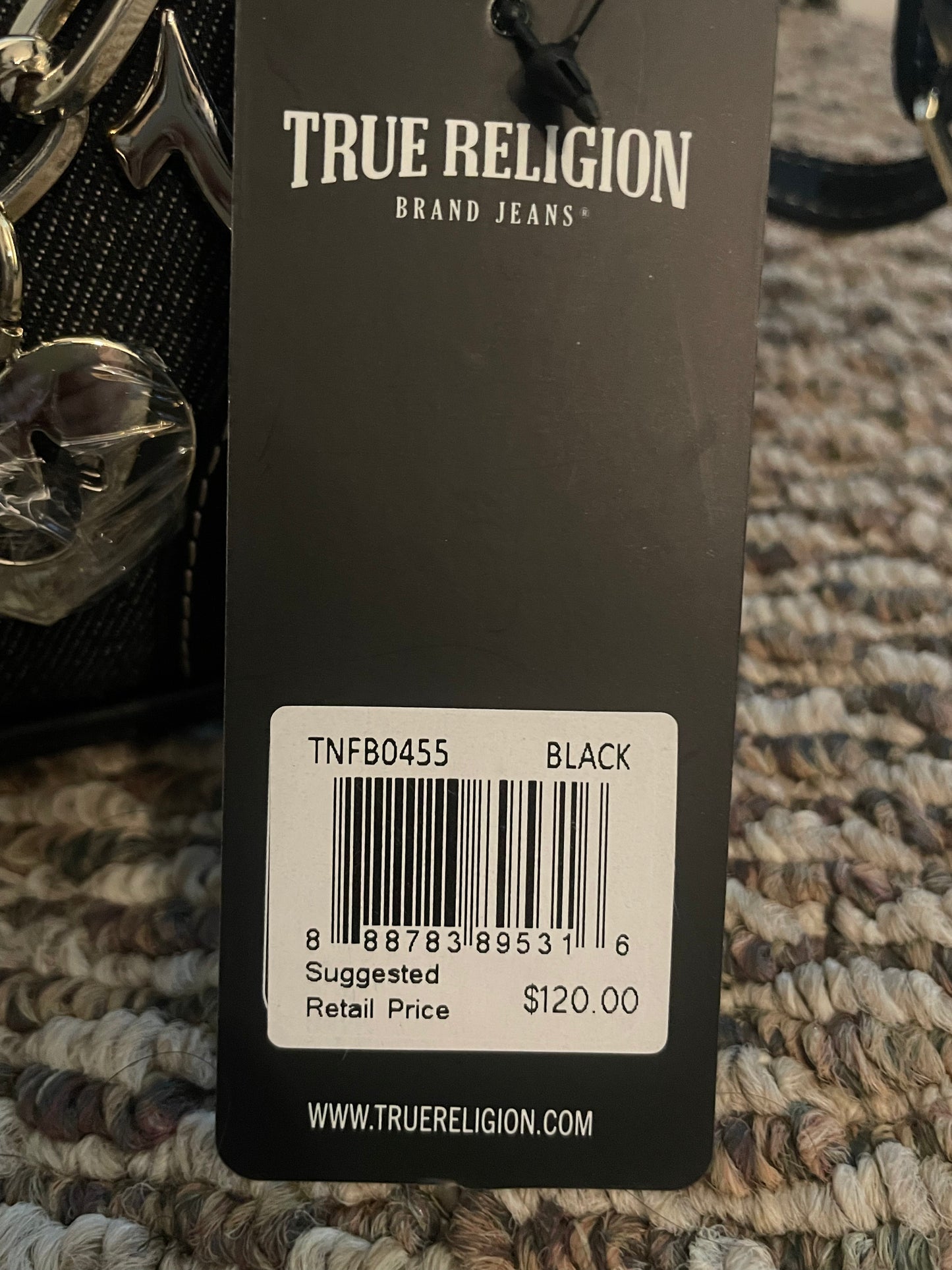 True Religion Black Denim Shoulder Bag – Crystal Charm Logo Purse (Authentic)