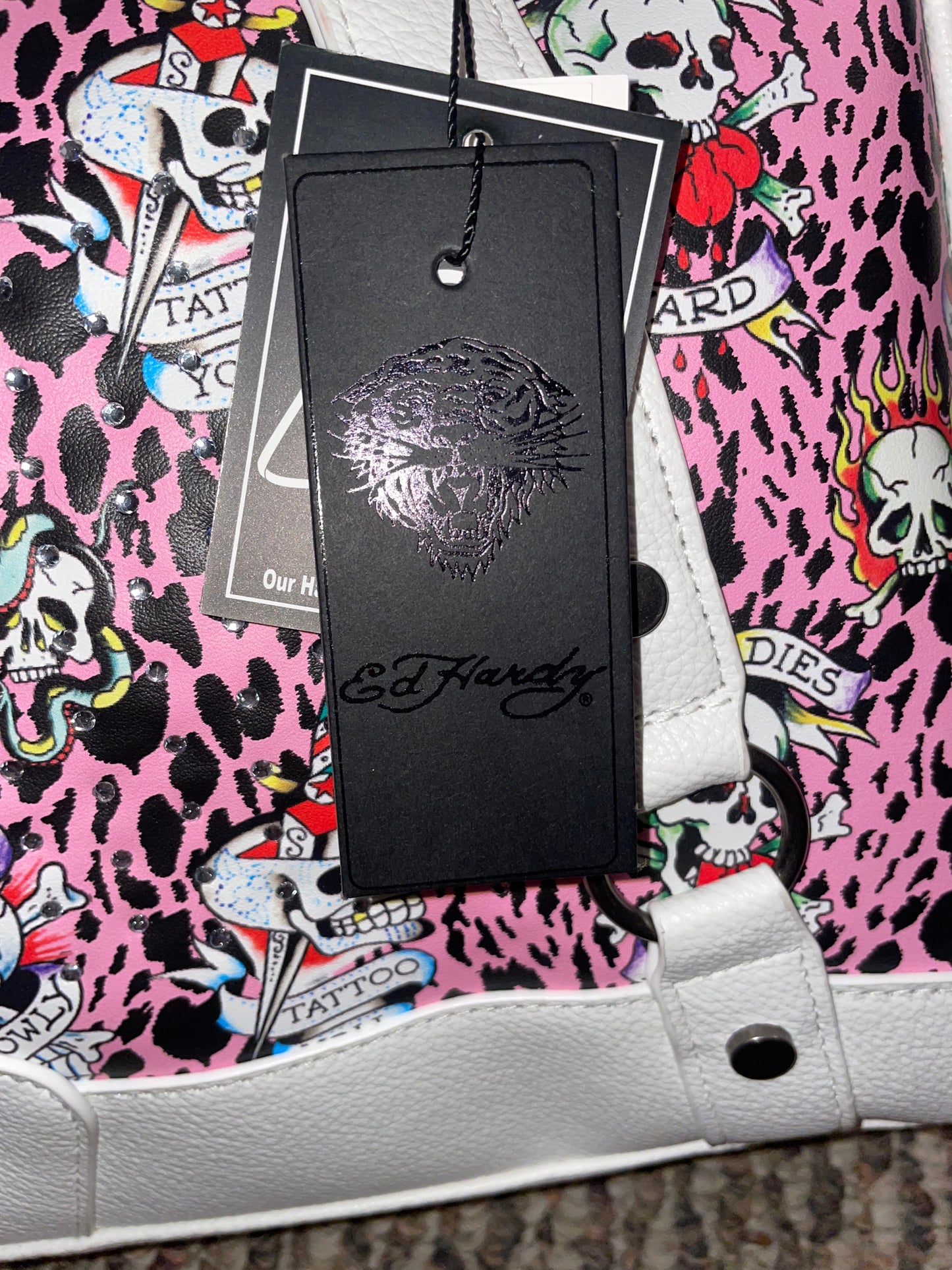 Ed Hardy Pink Leopard Skull Satchel – Authentic Tattoo Print Crossbody Bag