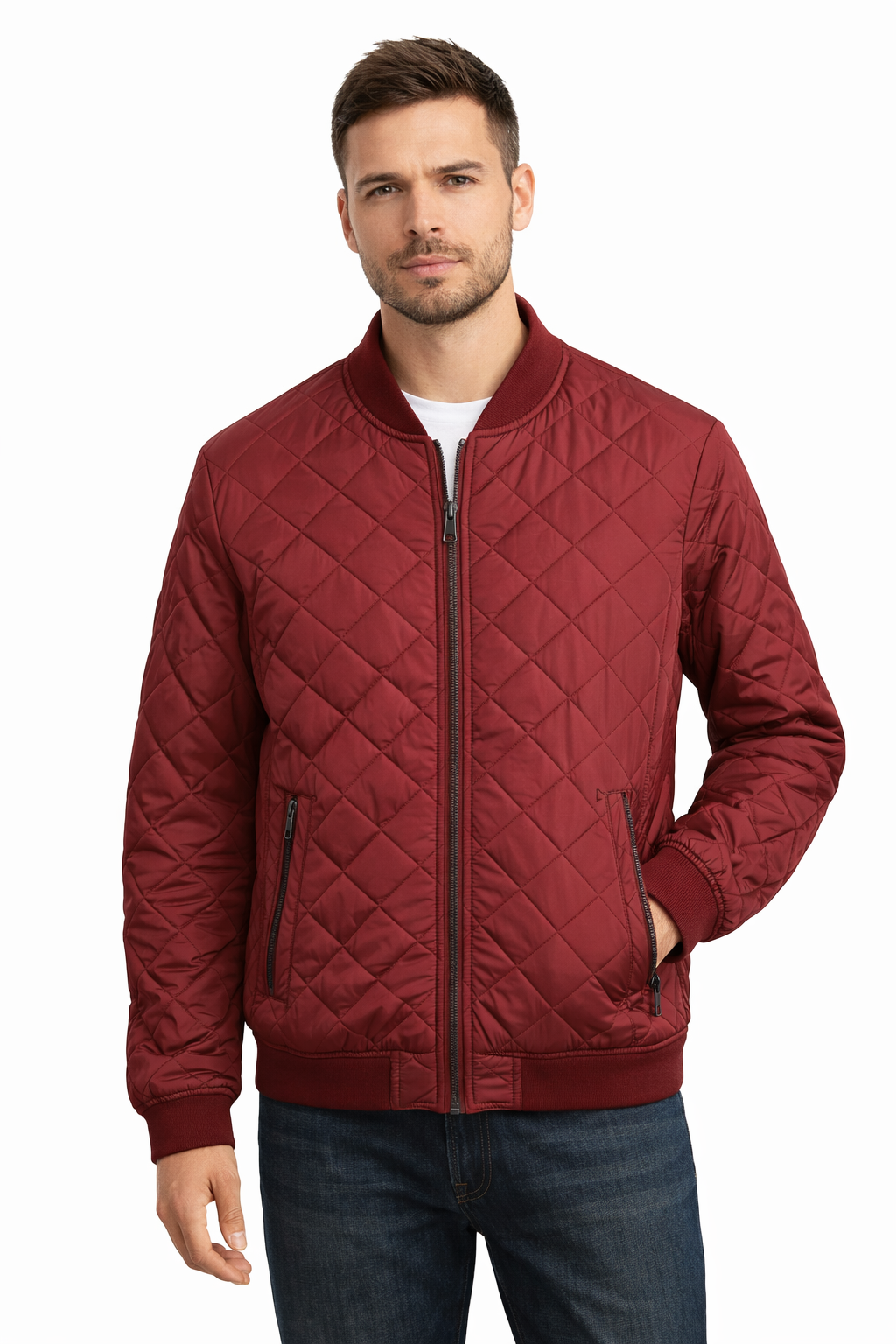Calvin Klein Men’s Quilted Bomber Jacket – Burgundy Water-Resistant Windproof Coat (Size L) Authentic