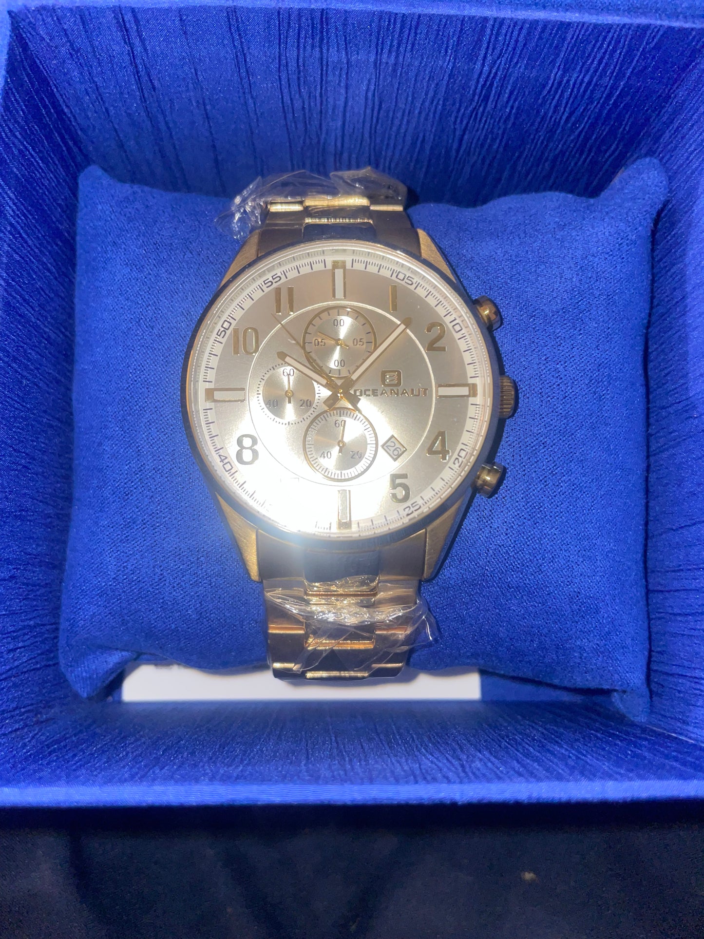 Oceanaut Gold Chronograph Watch – Luxury Men’s Stainless Steel Timepiece with Blue Presentation Box