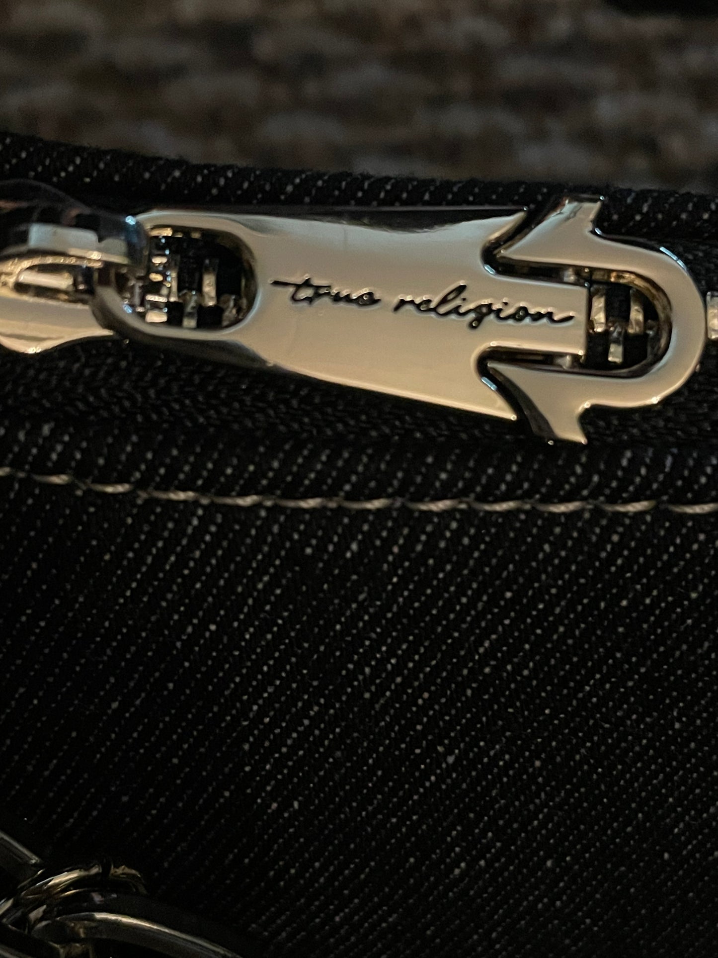 True Religion Black Denim Shoulder Bag – Crystal Charm Logo Purse (Authentic)
