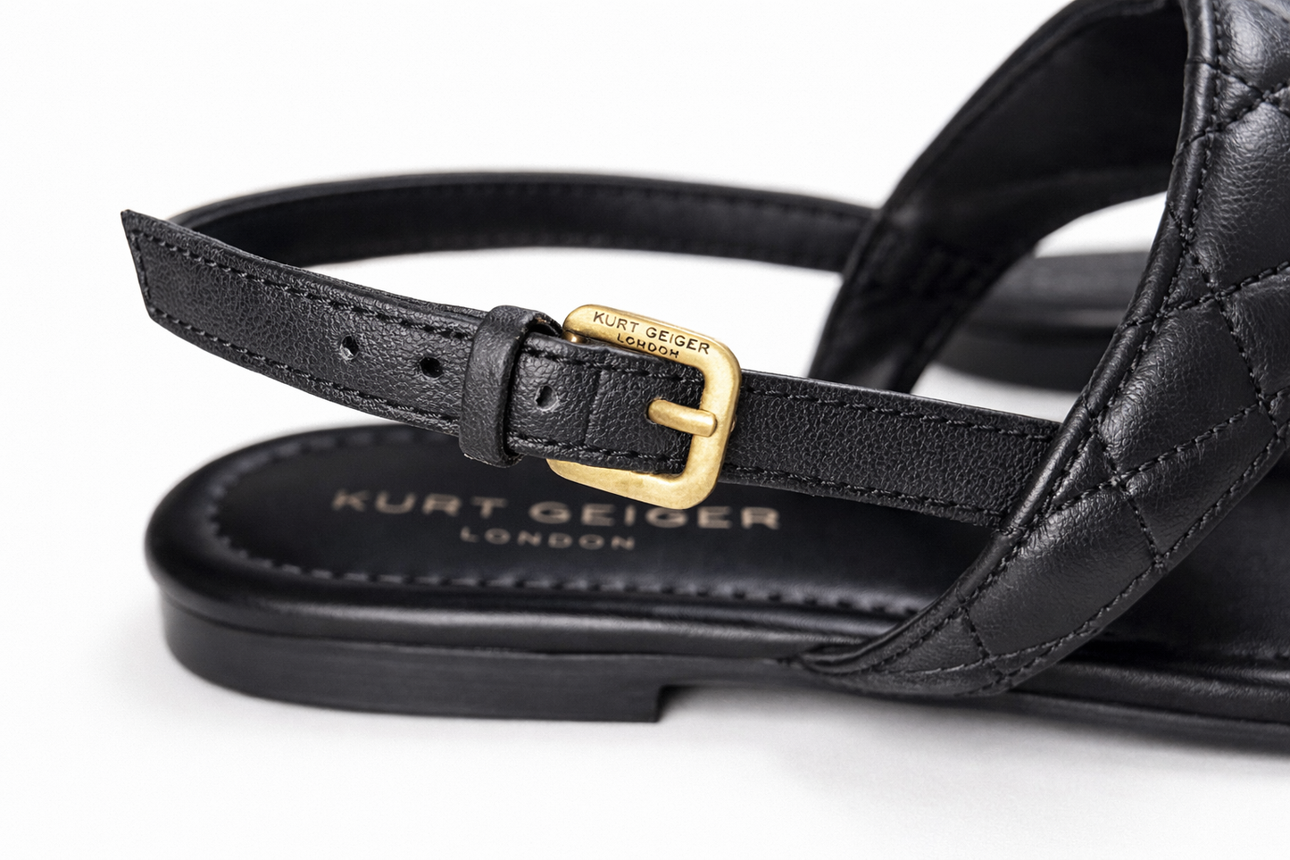 Kurt Geiger London Black Quilted Leather Thong Sandals Gold Eagle Slingback Designer Flats