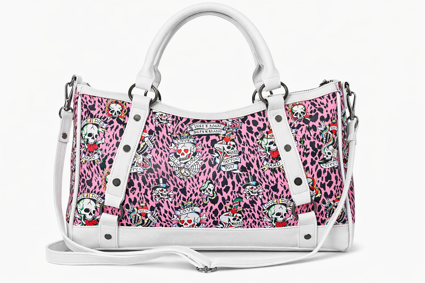 Ed Hardy Pink Leopard Skull Satchel – Authentic Tattoo Print Crossbody Bag