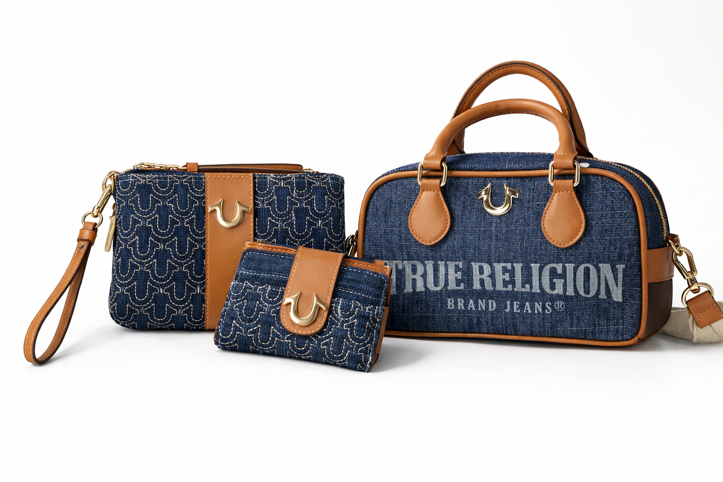 True Religion 3pc Denim Bag Set NWT Wallet Wristlet Mini Satchel Bundle