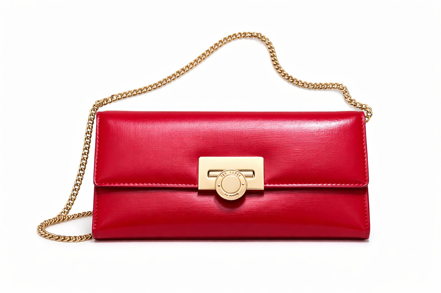 Ted Baker Scarlet Patent Leather Gold Chain Clutch
