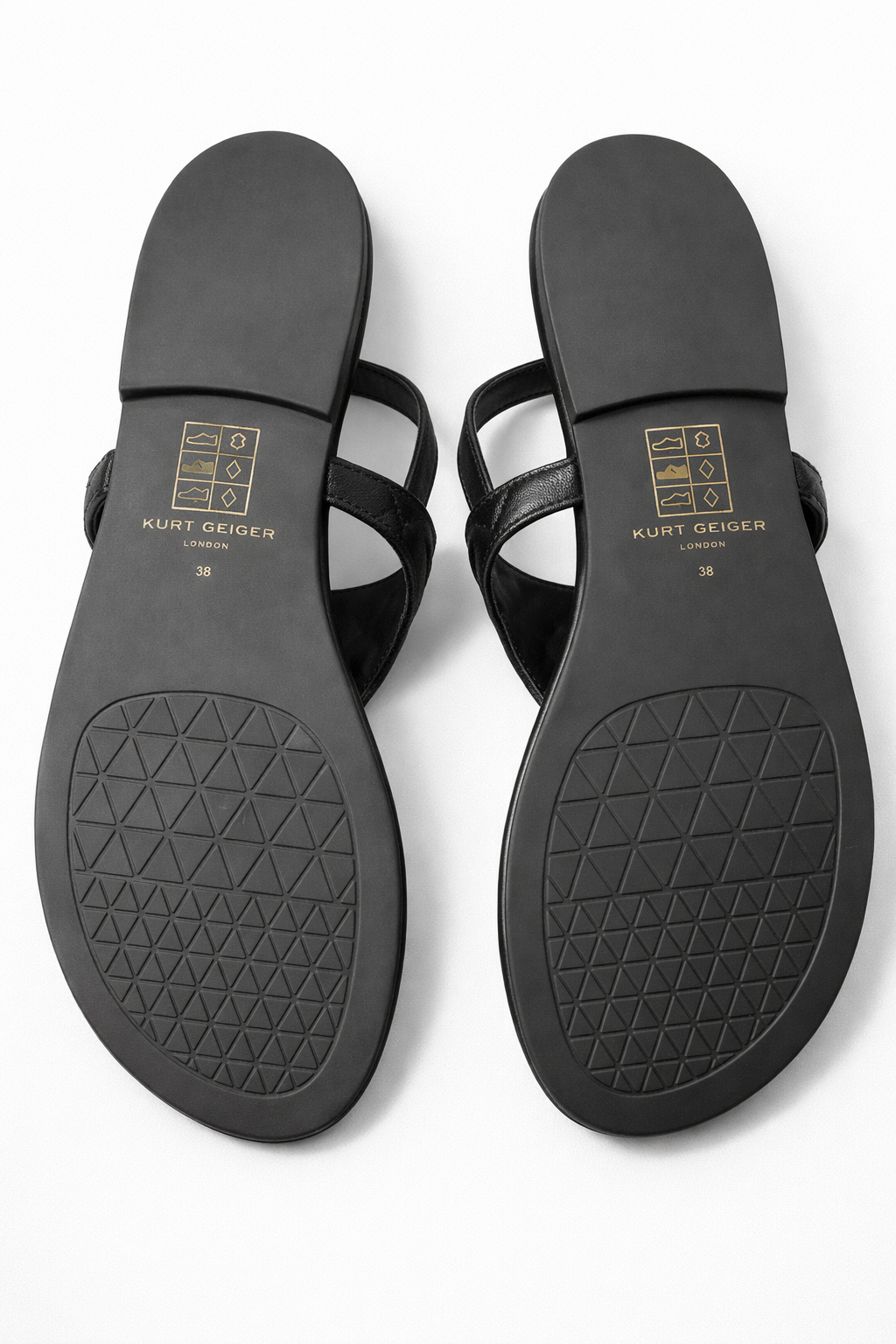 Kurt Geiger London Black Quilted Leather Thong Sandals Gold Eagle Slingback Designer Flats