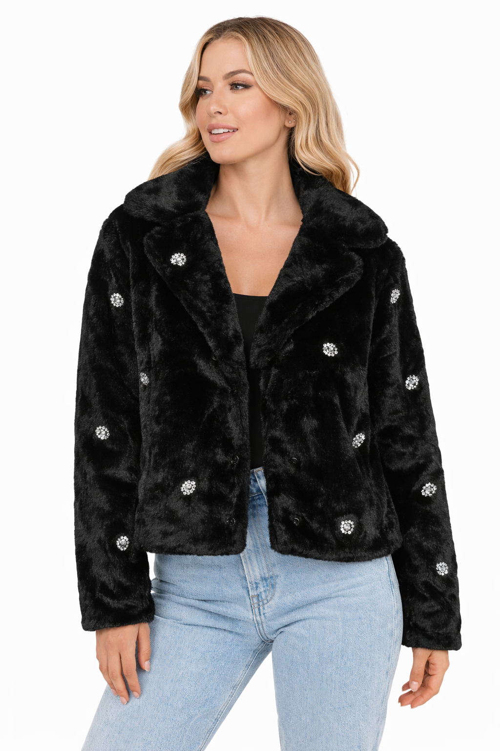 CeCe Black Embellished Faux Fur Jacket – Authentic Designer Glam Statement Coat