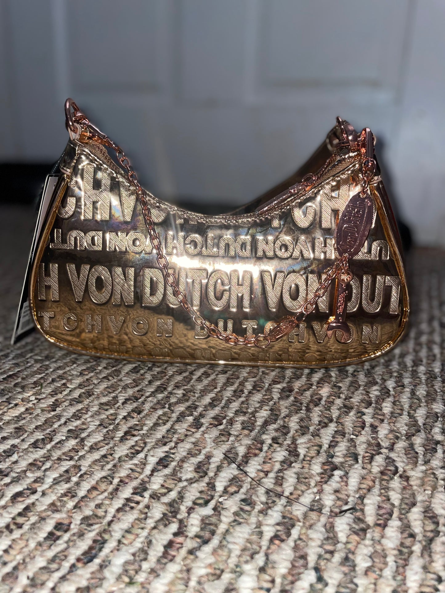 Von Dutch Metallic Gold Shoulder Bag – Y2K Logo Chain Purse