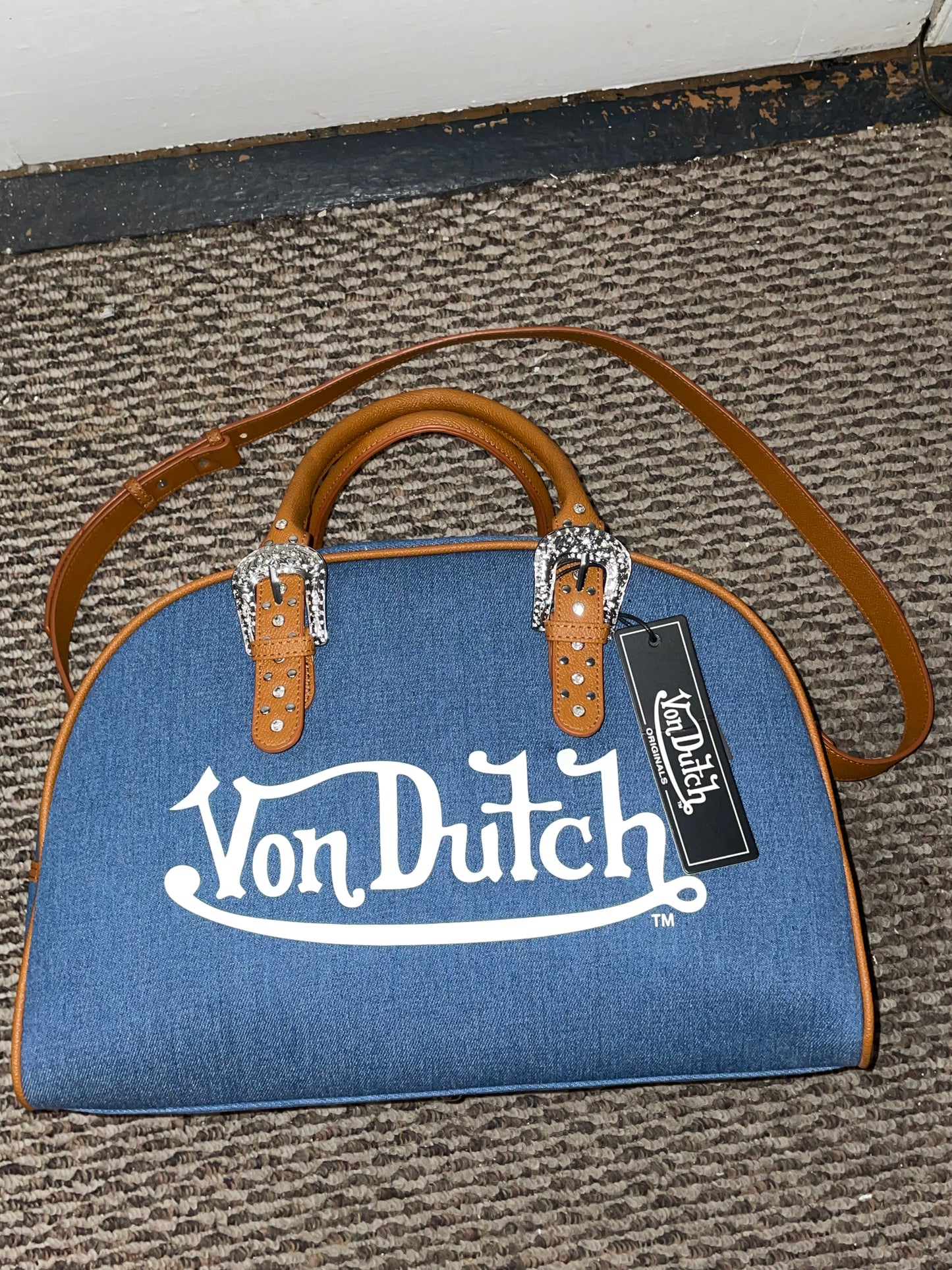 Von Dutch Denim Duffle Bag – Y2K Logo Travel Bag