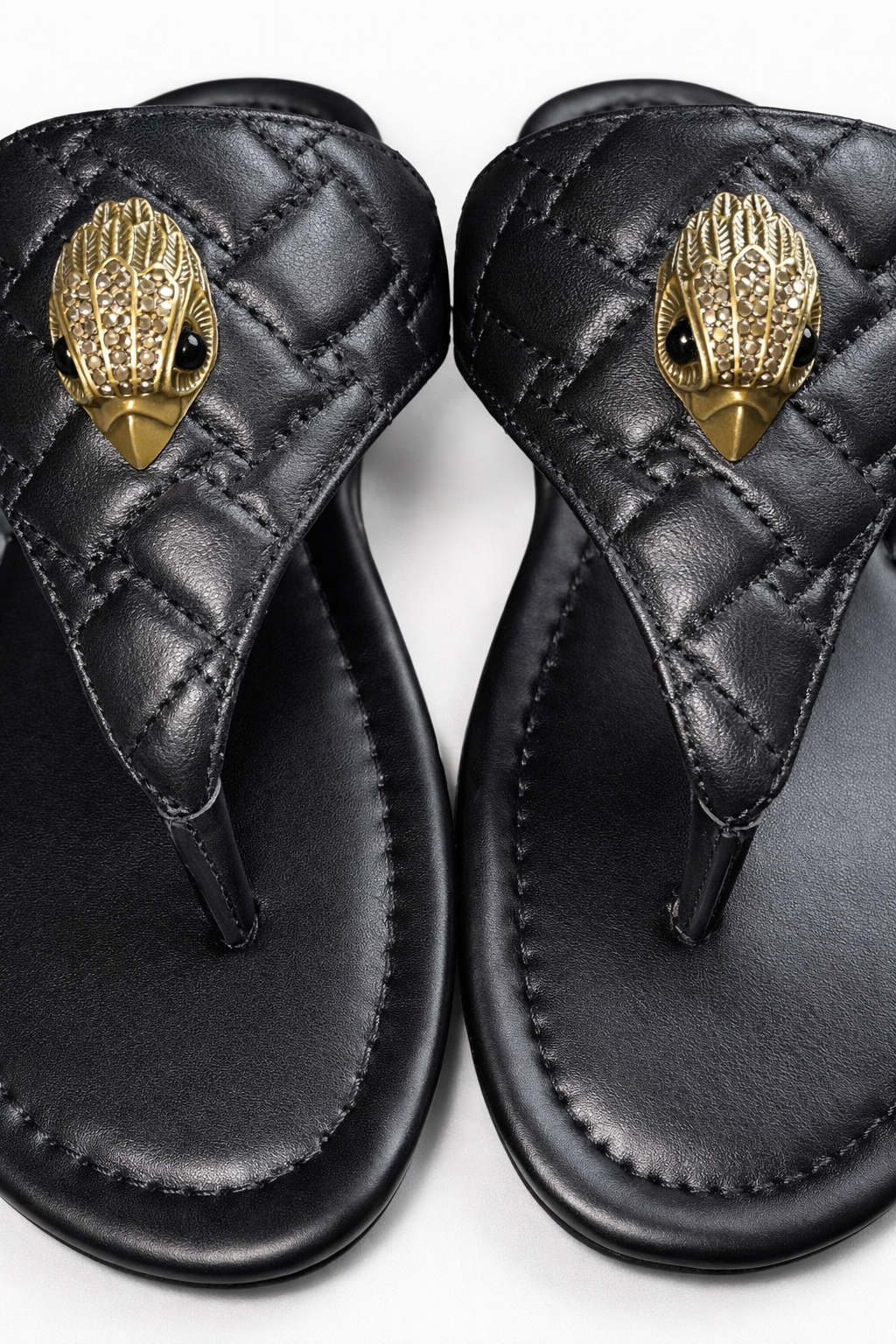 Kurt Geiger London Black Quilted Leather Thong Sandals Gold Eagle Slingback Designer Flats