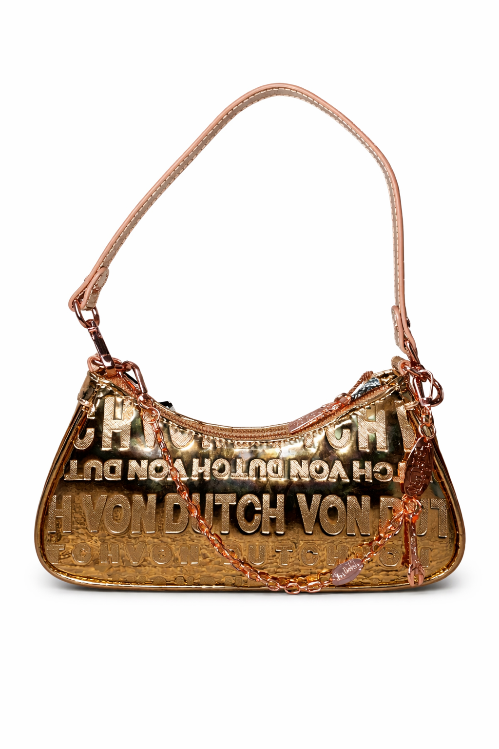 Von Dutch Metallic Gold Shoulder Bag – Y2K Logo Chain Purse