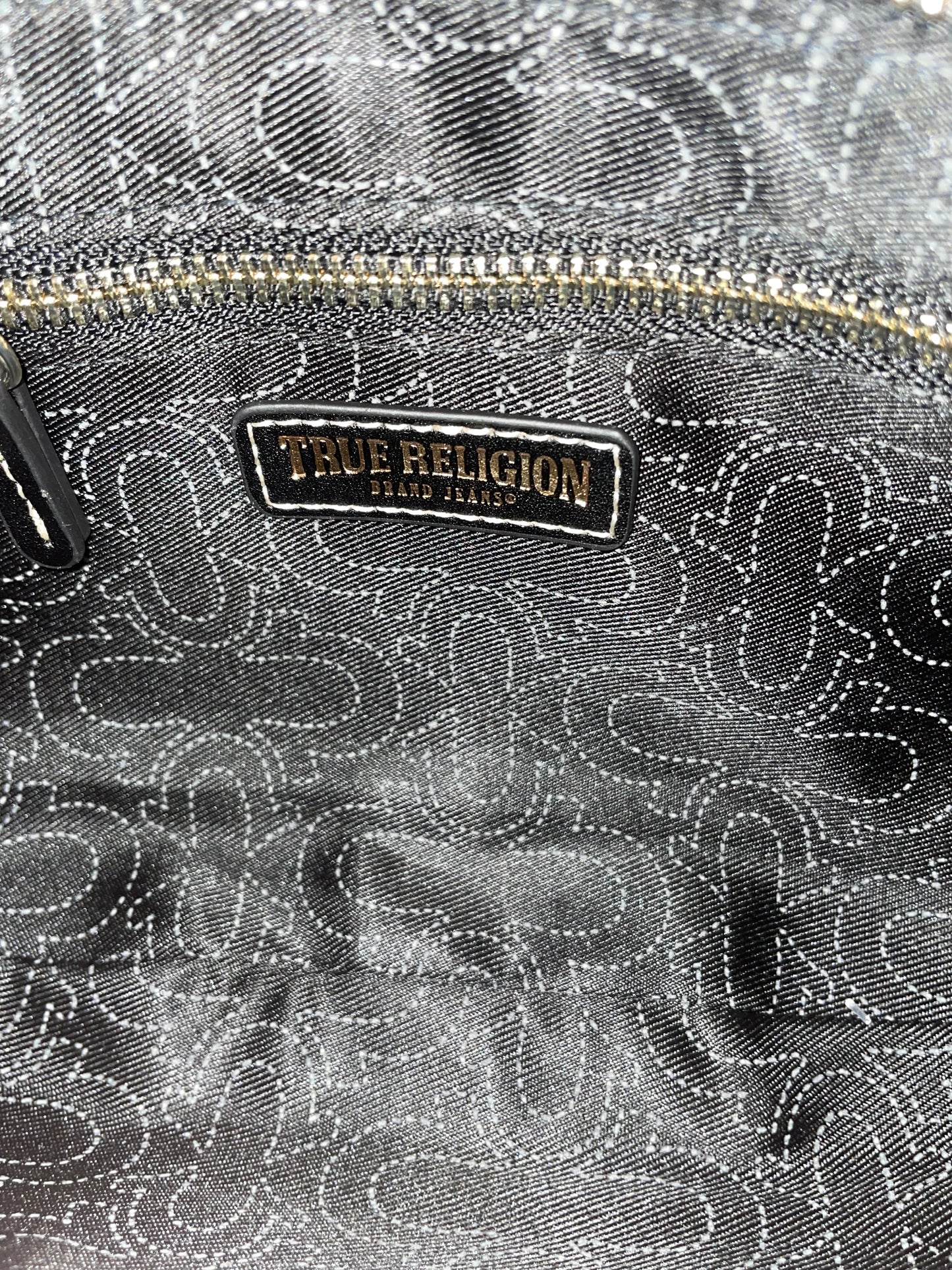 True Religion Black Denim Shoulder Bag – Crystal Charm Logo Purse (Authentic)