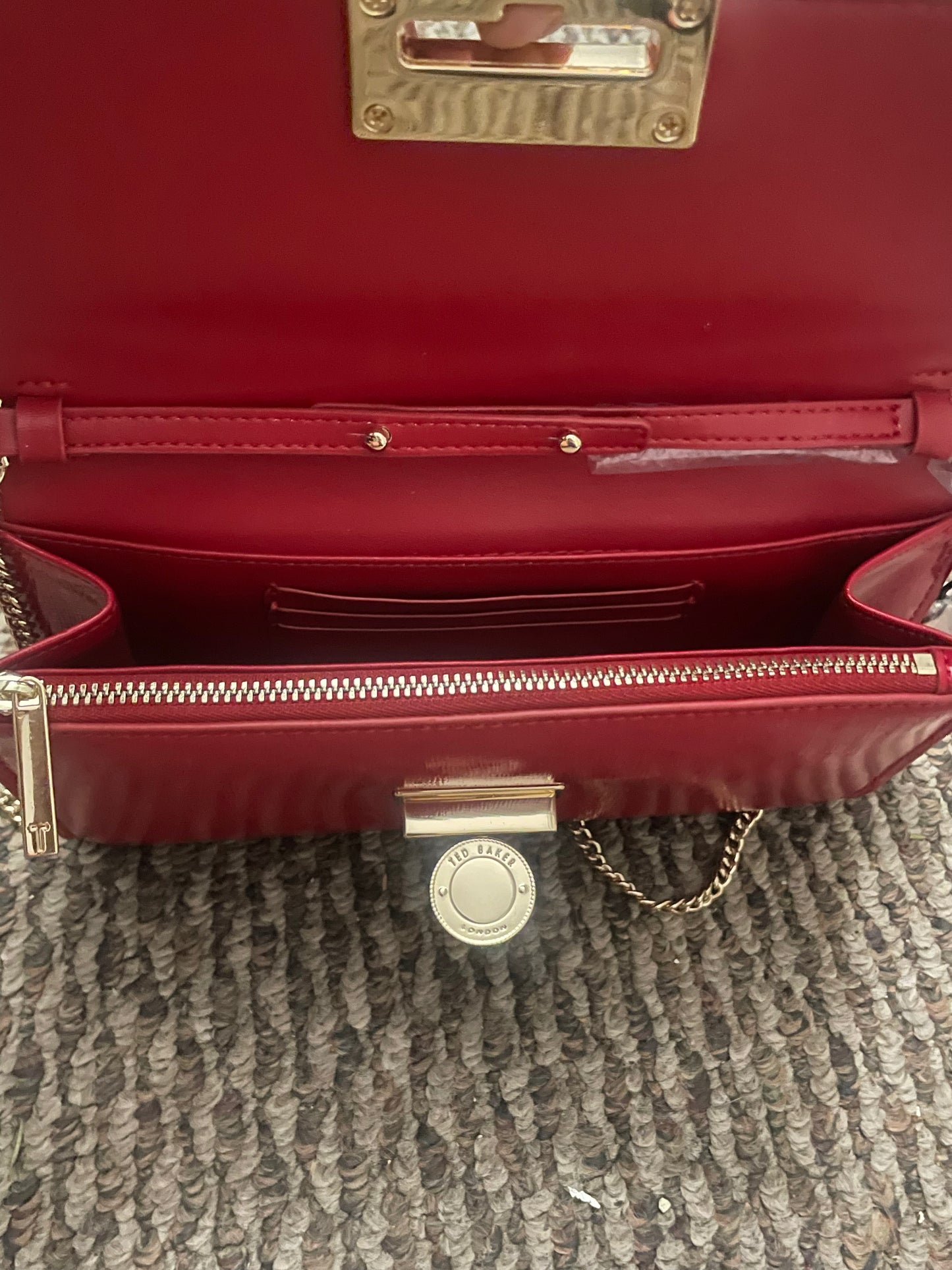 Ted Baker Scarlet Patent Leather Gold Chain Clutch