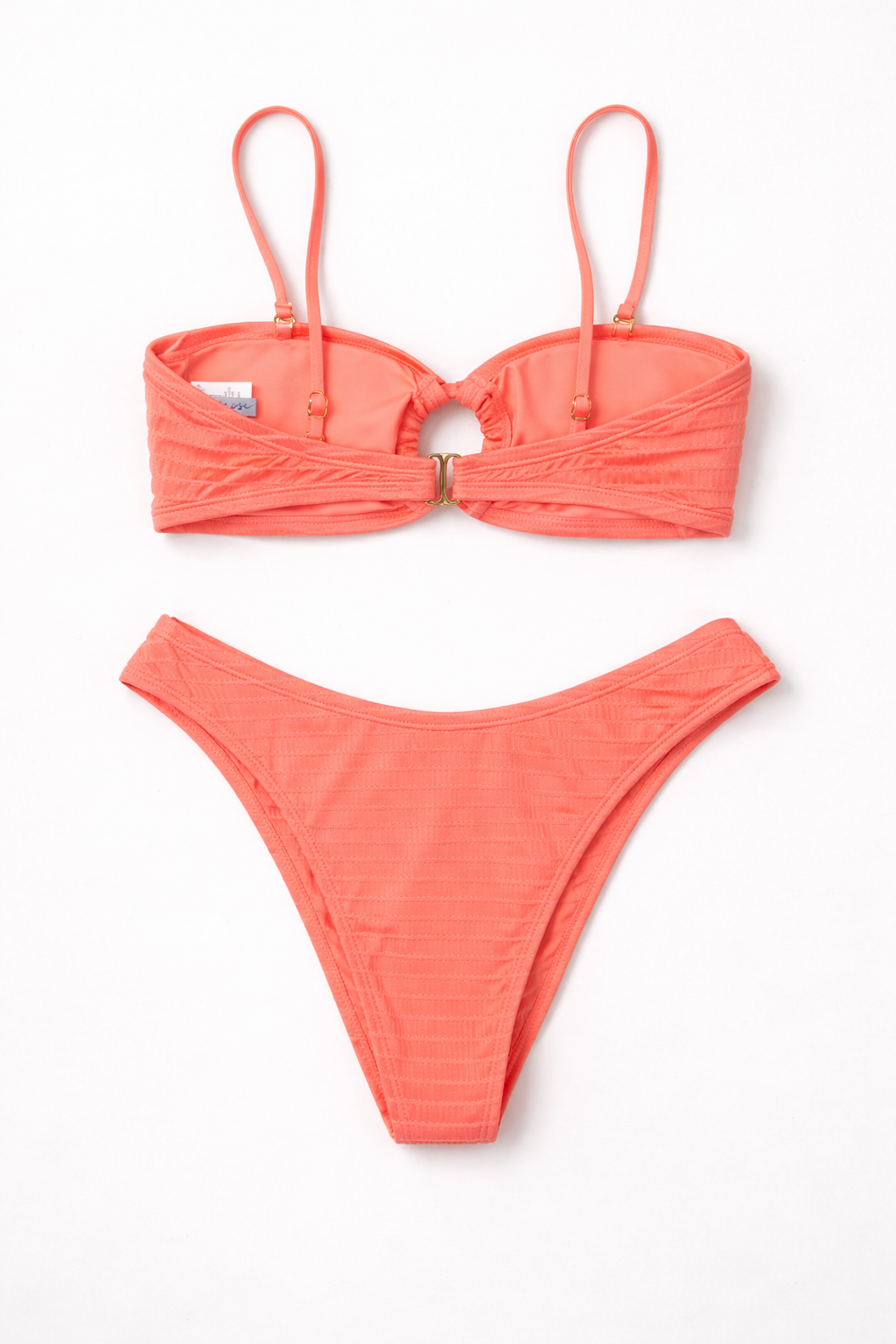 Isabella Rose Neon Coral Bikini Set – Textured Bandeau Top & High Cut Bottoms (Medium)