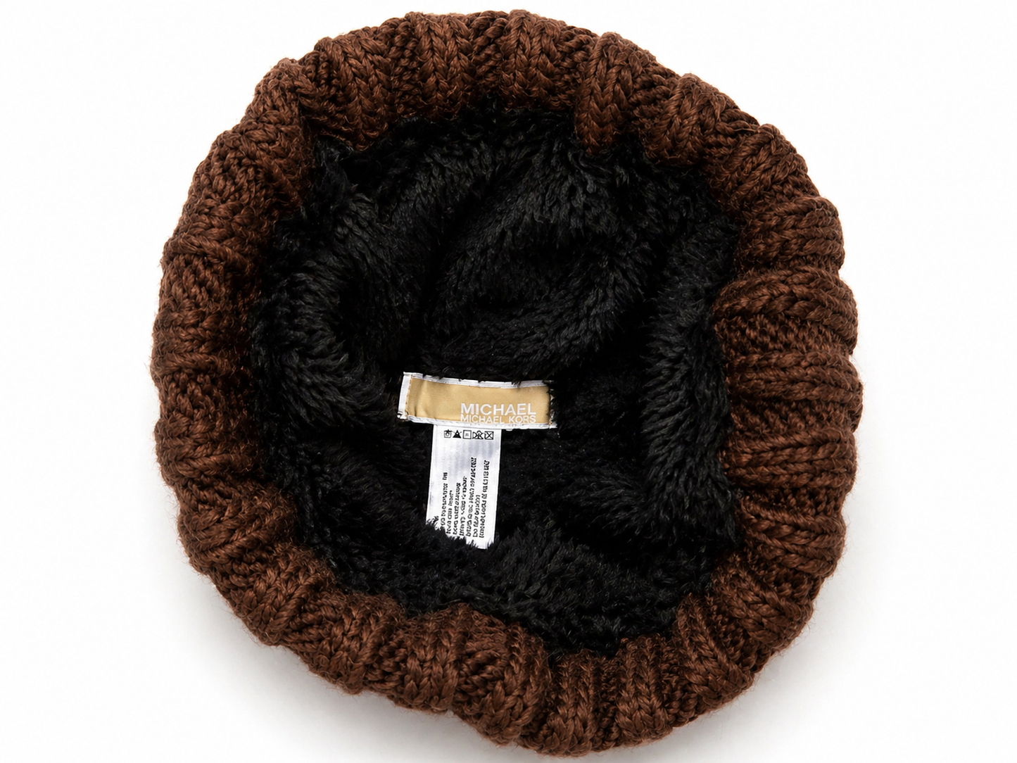 Michael Kors Brown Cable Knit Pom Pom Beanie Hat Faux Fur Lined Winter Cap NWT $68