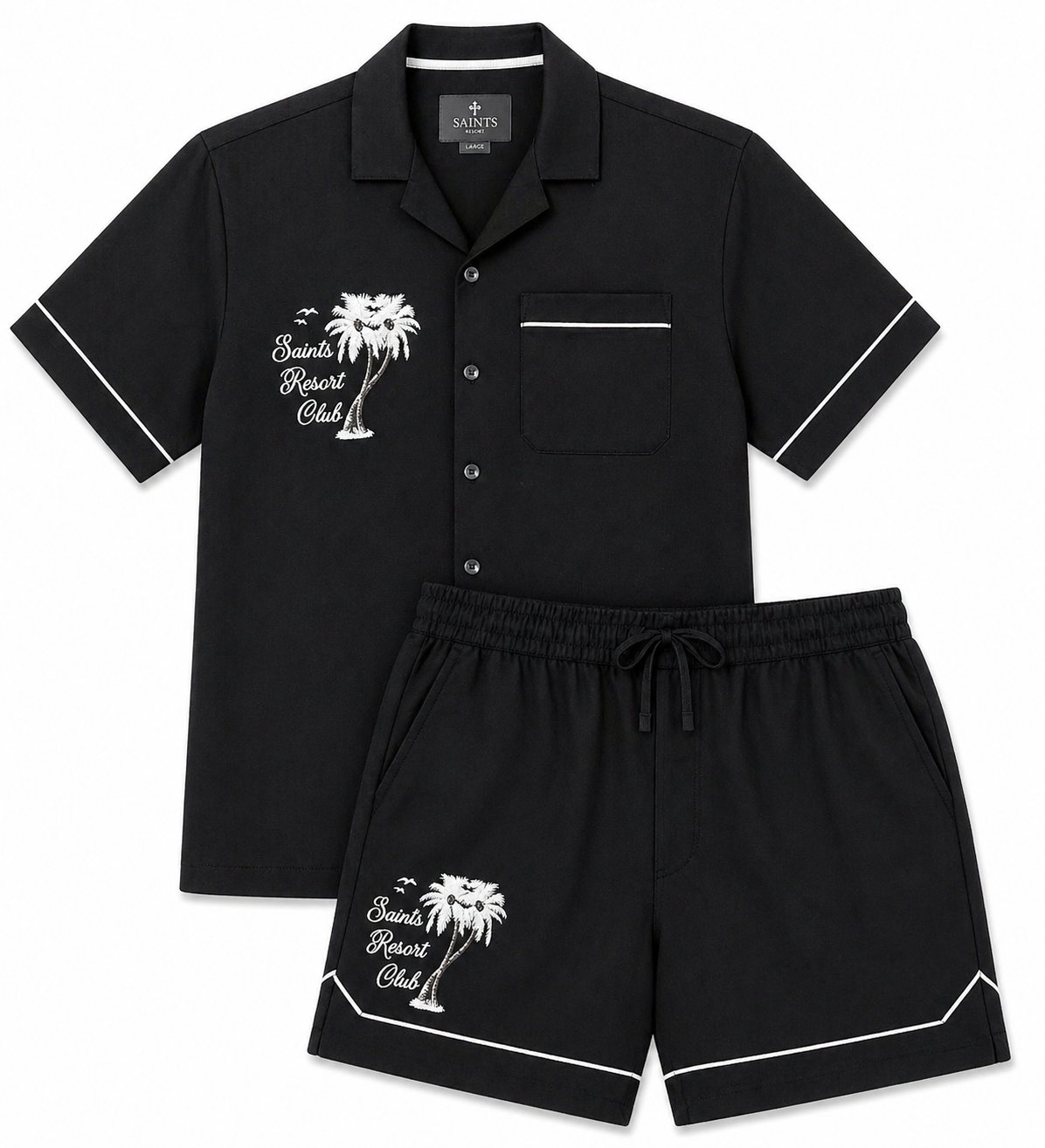 SAINTS STUDIO Black Resort Club Set Men L Button Up Shirt & Shorts Matching Set Luxury Summer Outfit Designer Streetwear