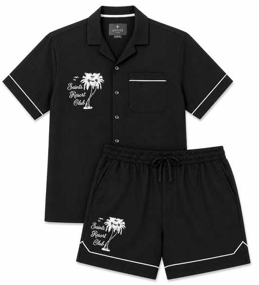 SAINTS STUDIO Black Resort Club Set Men L Button Up Shirt & Shorts Matching Set Luxury Summer Outfit Designer Streetwear