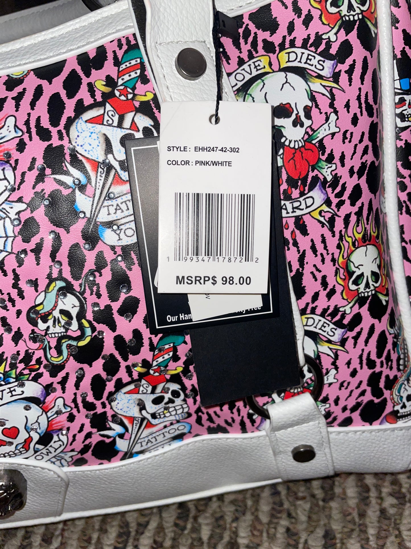 Ed Hardy Pink Leopard Skull Satchel – Authentic Tattoo Print Crossbody Bag