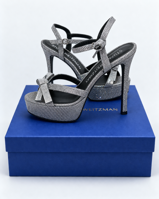 Stuart Weitzman Bow Platform Sandals Gunmetal Crystal Heels – Rhinestone Ankle Strap Heels Size 8 (EU 38.5)