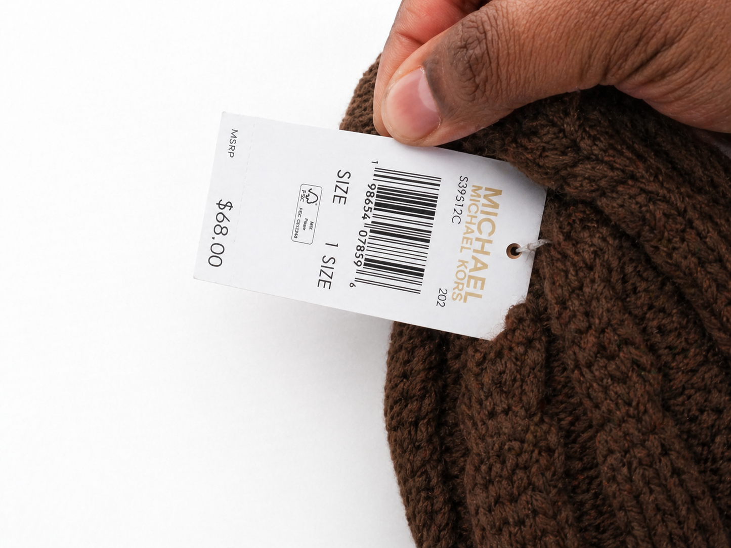 Michael Kors Brown Cable Knit Pom Pom Beanie Hat Faux Fur Lined Winter Cap NWT $68