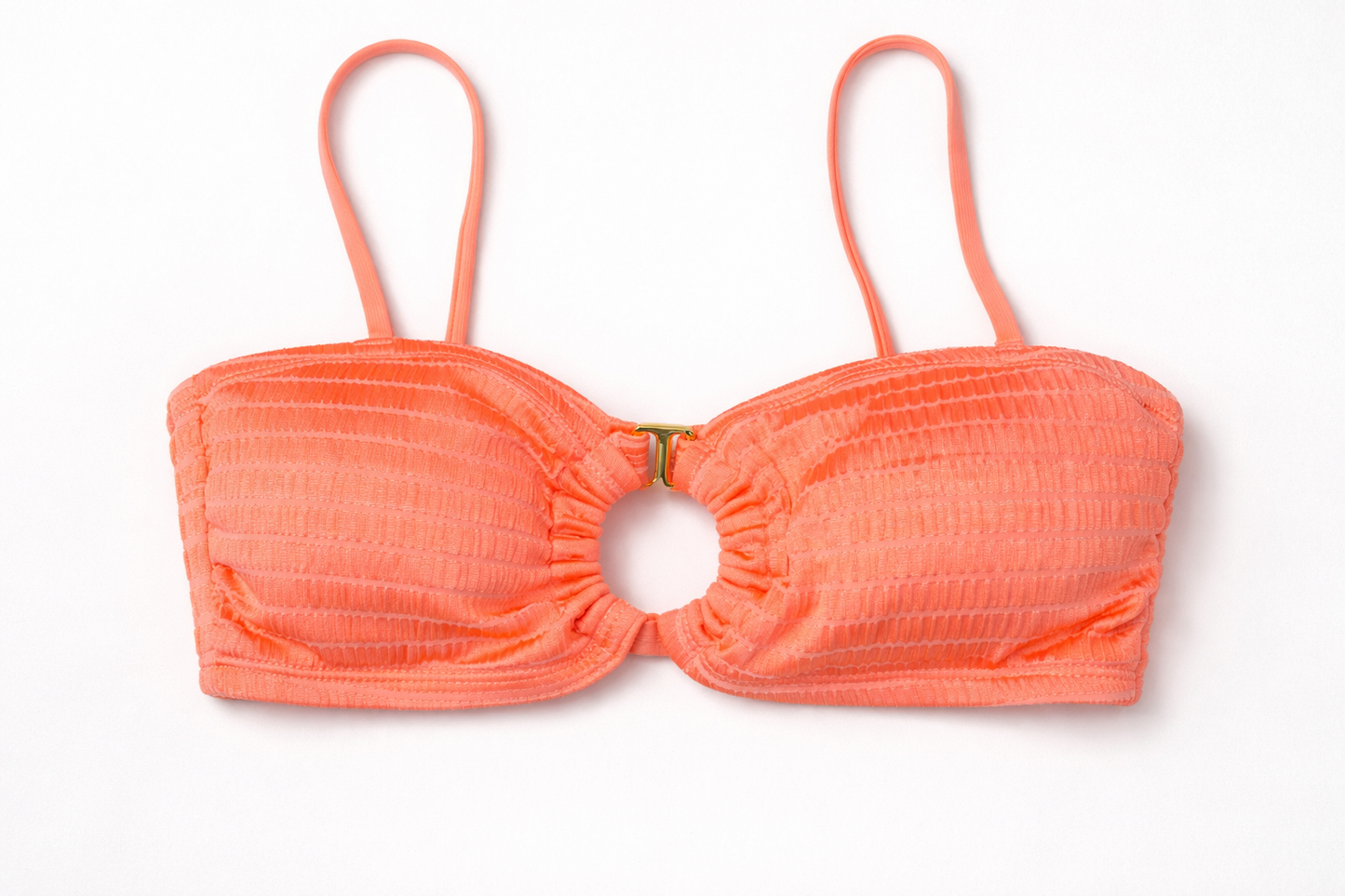 Isabella Rose Neon Coral Bikini Set – Textured Bandeau Top & High Cut Bottoms (Medium)