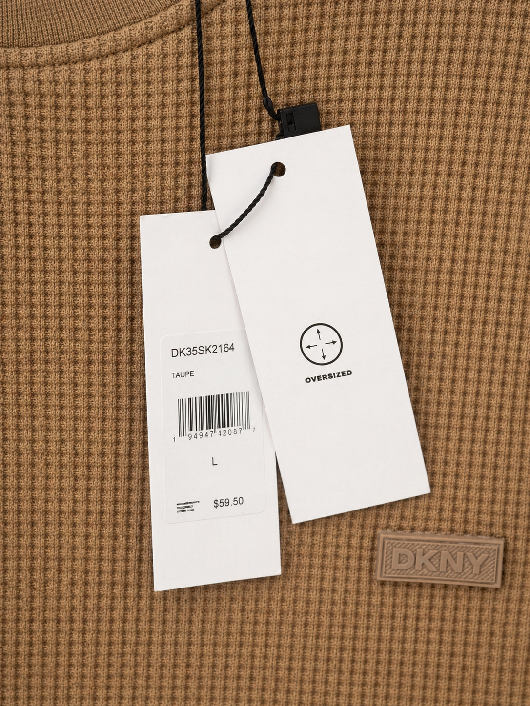NWT DKNY Oversized Fit Taupe Waffle Knit Tee Shirt Large Neutral Beige Textured Luxury Top