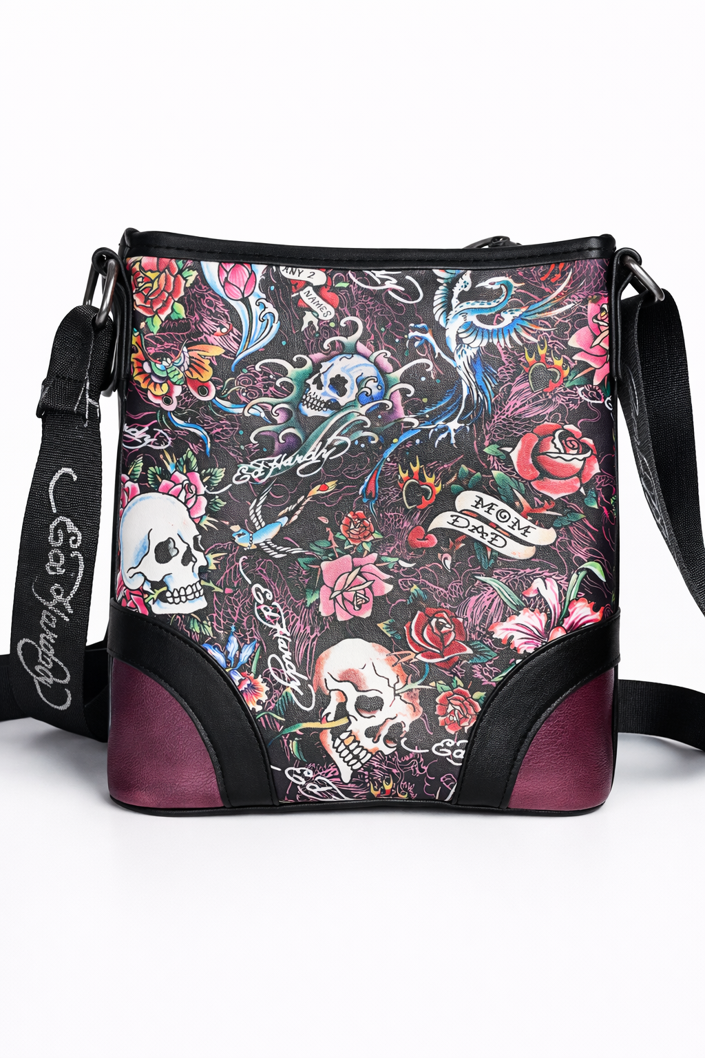 Ed Hardy Skull & Rose Crossbody Bag – Black Tattoo Print Designer Purse NWT