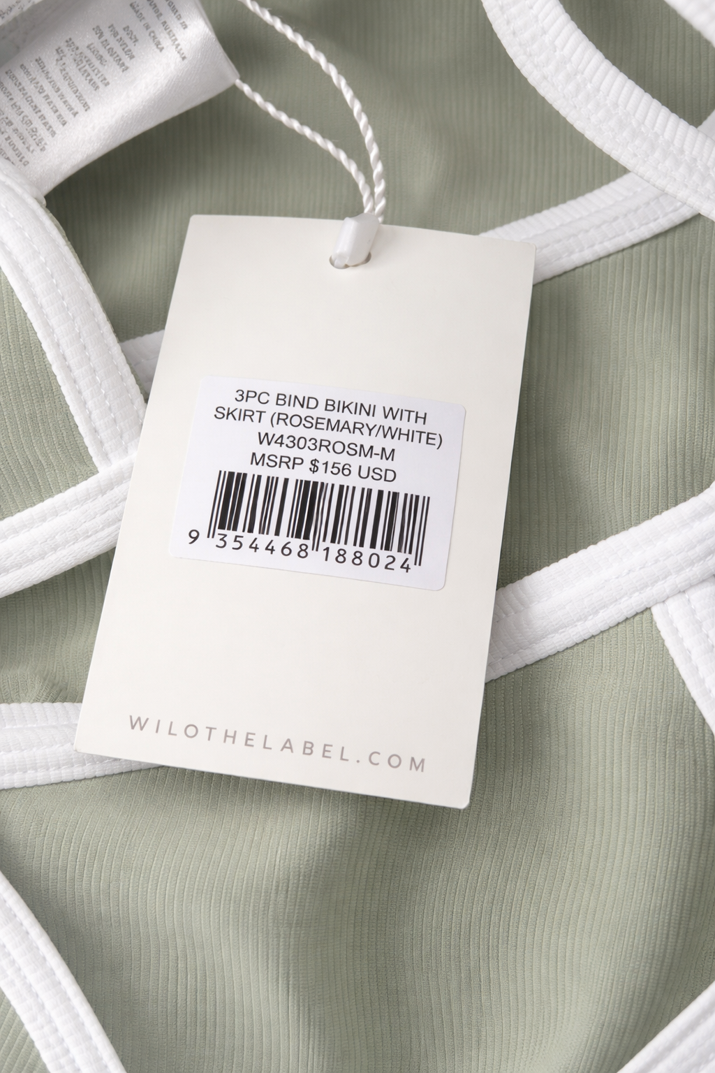 Wilo Ribbed Sage Green Bikini Set M White Trim 3PC Beach Swim