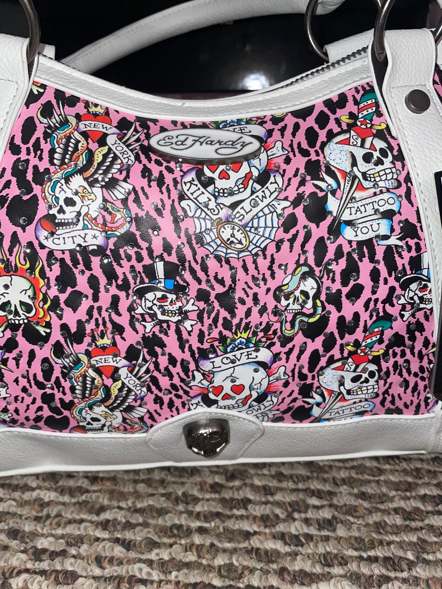 Ed Hardy Pink Leopard Skull Satchel – Authentic Tattoo Print Crossbody Bag
