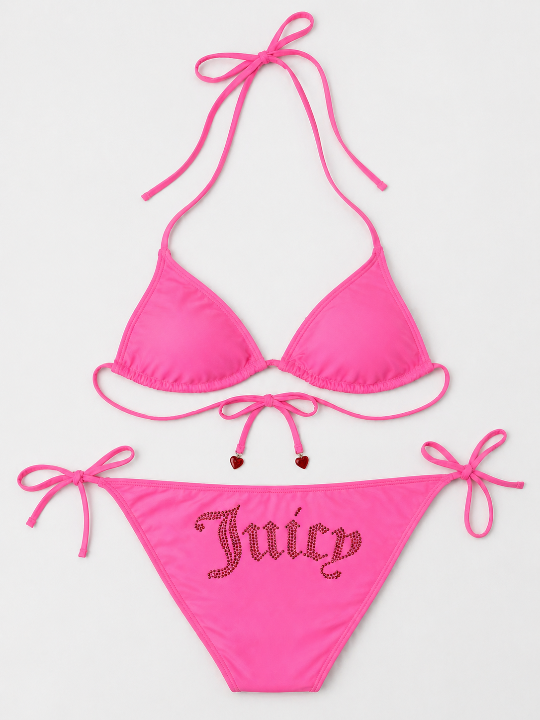 Juicy Couture Pink Rhinestone Lips Bikini Set M Y2K Halter String Swimsuit Hot Pink Crystal Tie Side Bathing Suit