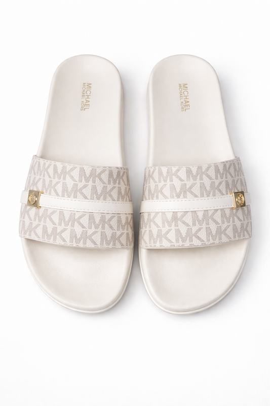 Michael Kors Jadie Slide Vanilla MK Monogram Sandals Women Size 7M Designer Slides