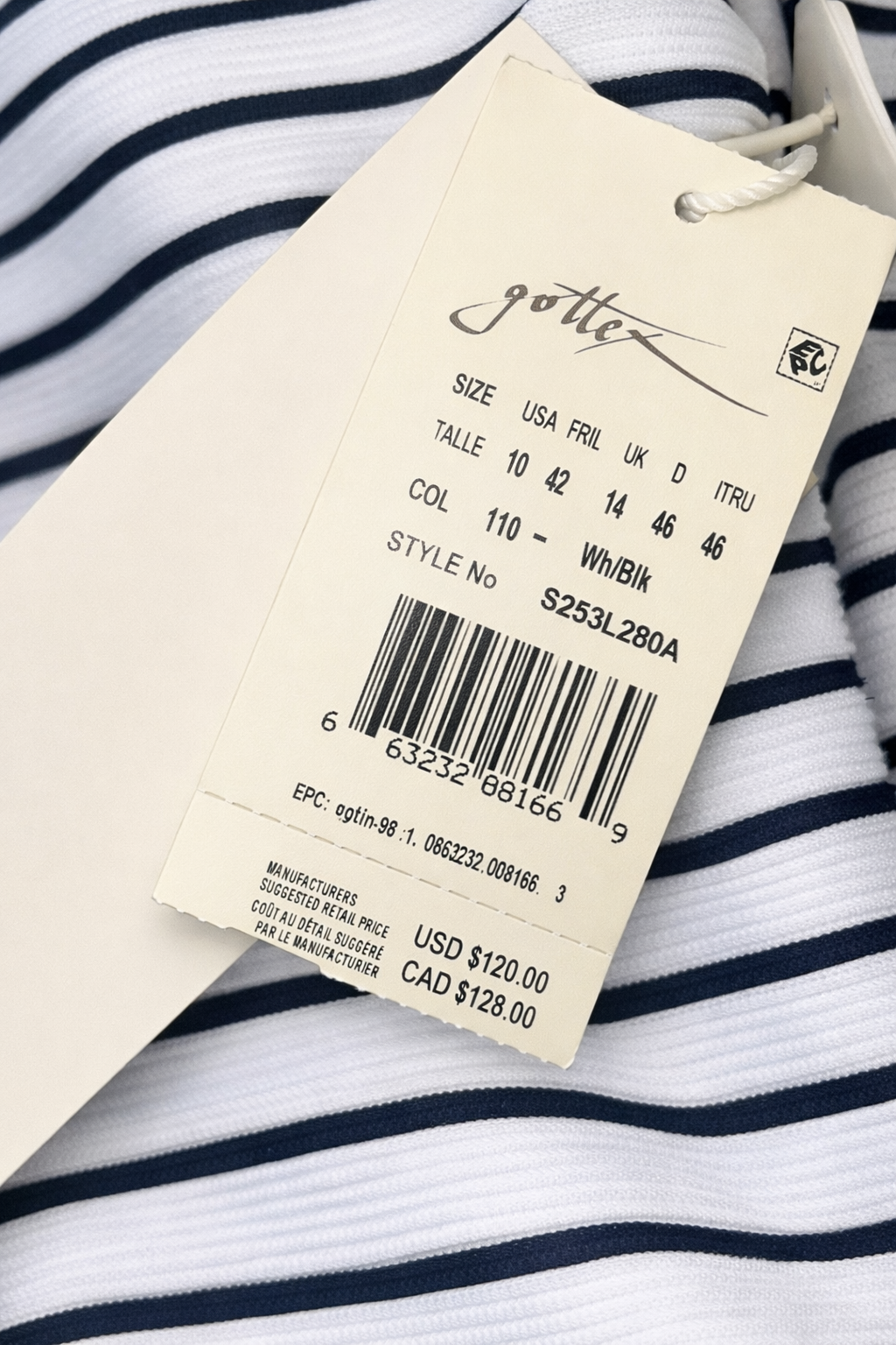 Gottex Striped One Piece Swimsuit Size 10 – White Navy High Neck Zip Front Designer Swimwear