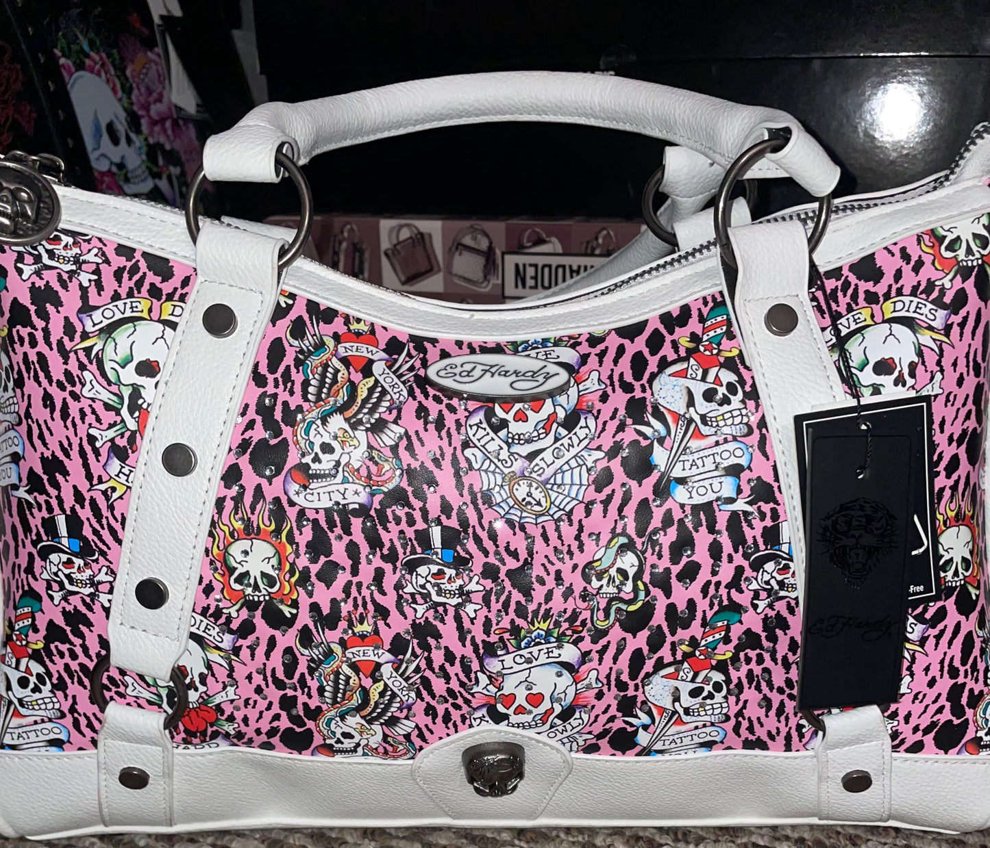 Ed Hardy Pink Leopard Skull Satchel – Authentic Tattoo Print Crossbody Bag