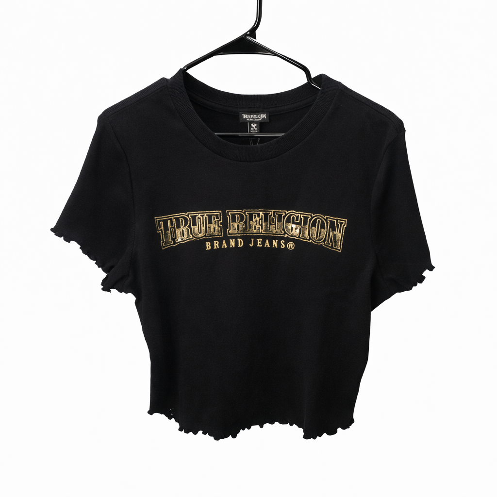 True Religion Black Cropped T-Shirt – Gold Logo Graphic Tee | Y2K