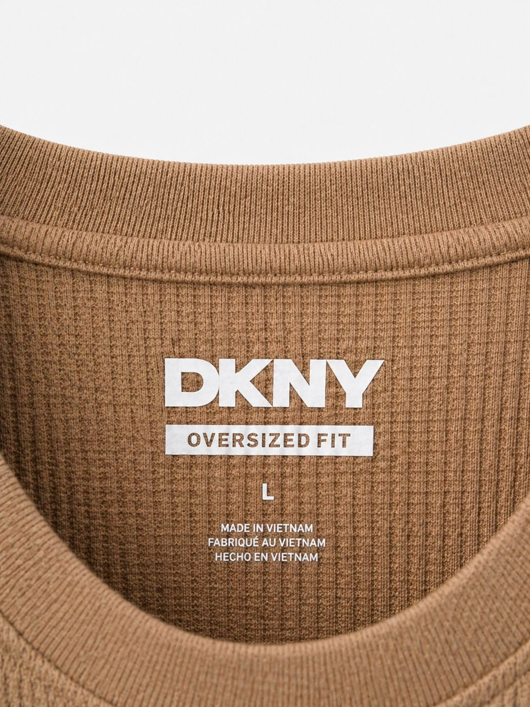 NWT DKNY Oversized Fit Taupe Waffle Knit Tee Shirt Large Neutral Beige Textured Luxury Top